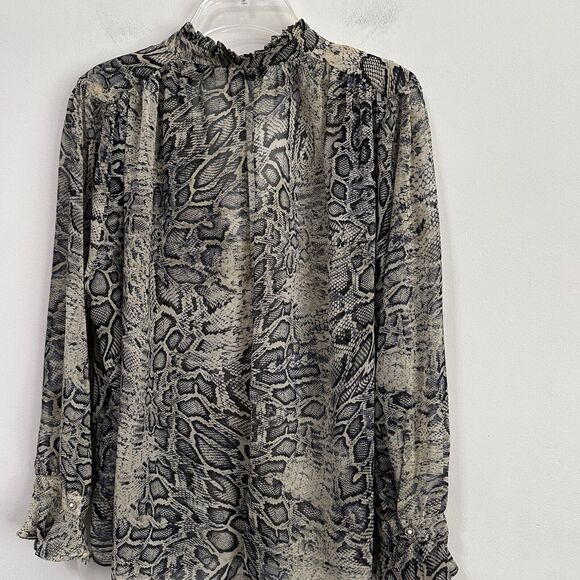 Zara Snake Print Blouse XS Sheer Chiffon V Neck Bling Cuff Button Work Sexy Top - Picture 10 of 14